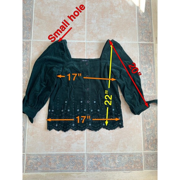 Madewell Embroidered Green Corduroy Tie Sleeve Eyelet Blouse Women size‎ XXS - Picture 7 of 9